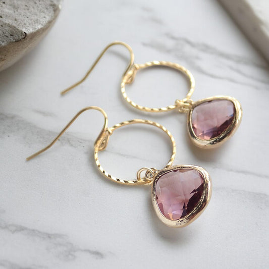 Dusty Rose Glass Charm Hoop Earrings, Gold Hoop Earrings with Crystal Teardrop, Gemstone Dangle Earrings
