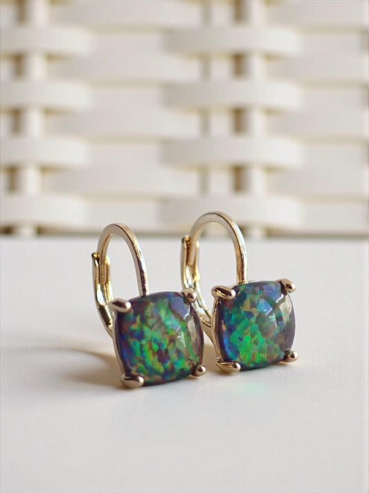Black Opal Earrings Gold, Dainty Opal Dangle Earrings, October Birthday Gift