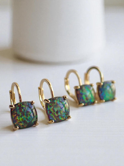Black Opal Earrings Gold, Dainty Opal Dangle Earrings, October Birthday Gift