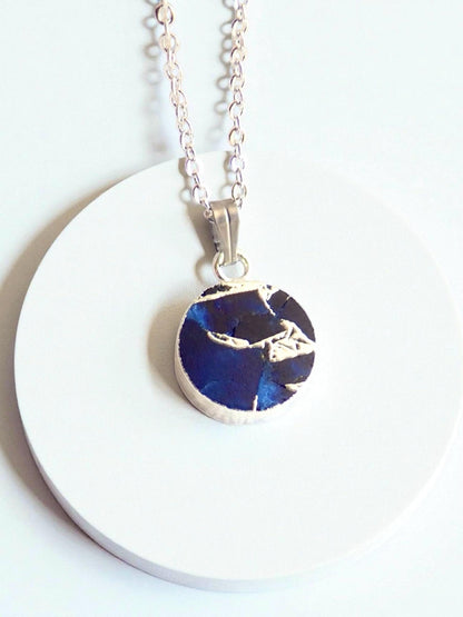 Sapphire Mojave Necklace Silver, Blue Gemstone Coin Necklace, May Birthstone Gift for Her, Kintsugi Inspired