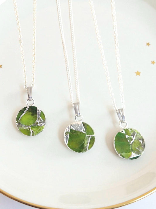Peridot  Necklace Silver Green Coin Pendant Necklace, Mojave Gemstone Necklace, Kintsugi Crystal Jewelry, August Birthstone Gift for Her