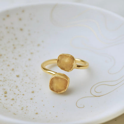 Raw Citrine Adjustable Ring – 14k Gold Open Wrap Ring with Two Natural Yellow Gemstones –November Birthstone Jewelry, Citrine Ring Gift