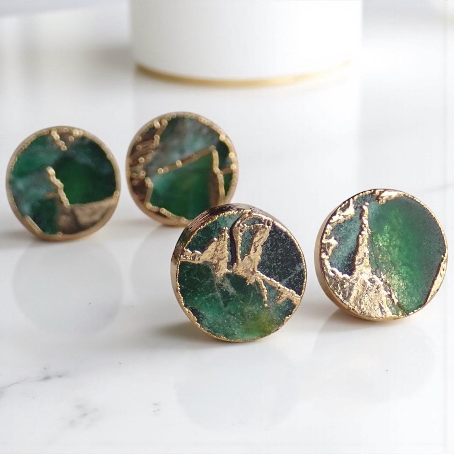 Emerald Green Mojave Gemstone Stud Earrings Silver | Dyed Jade Kintsugi Style Earrings, Round Minimalist Boho Post Earrings