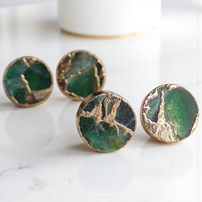 Emerald Green Mojave Gemstone Stud Earrings Silver | Dyed Jade Kintsugi Style Earrings, Round Minimalist Boho Post Earrings