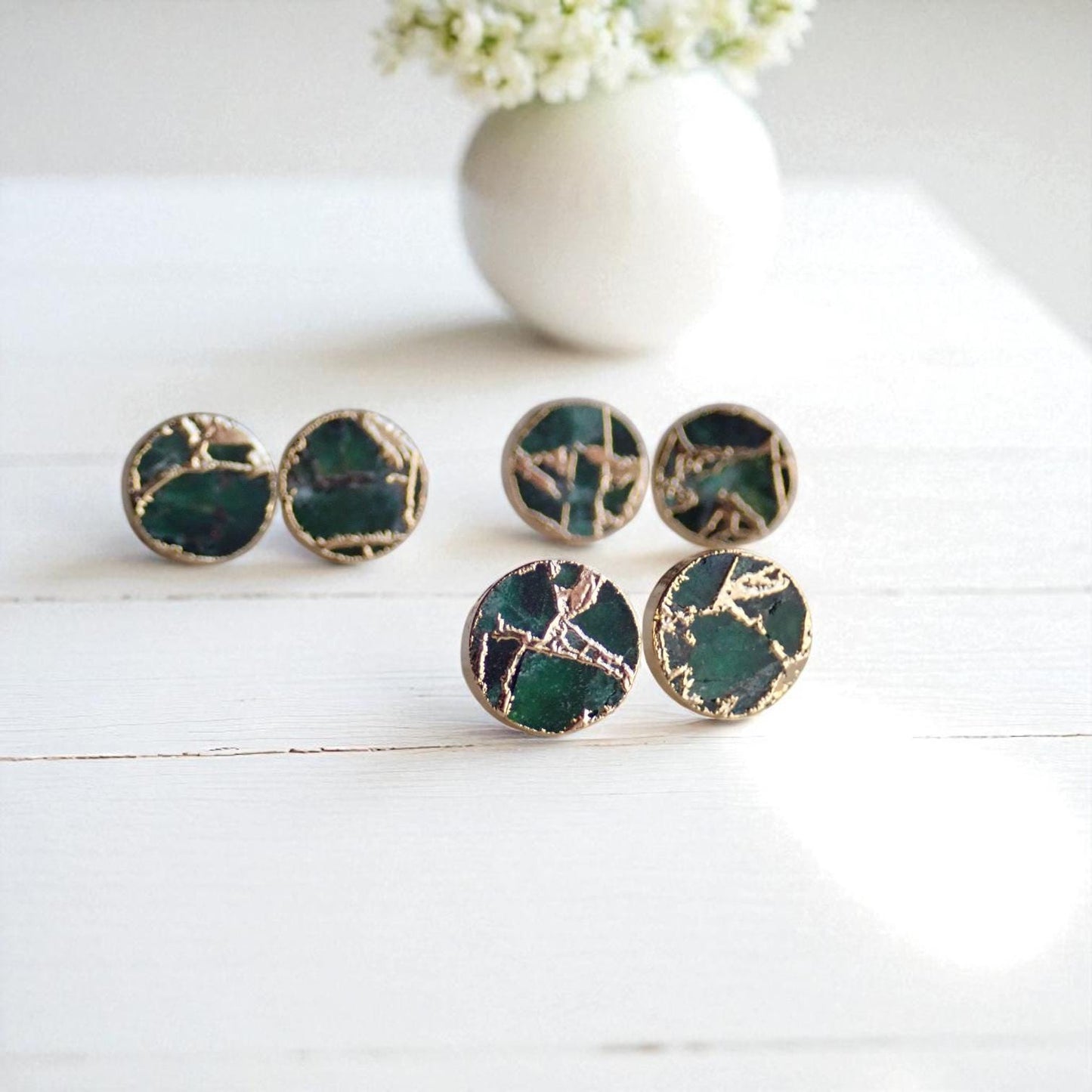 Emerald Green Mojave Gemstone Stud Earrings Silver | Dyed Jade Kintsugi Style Earrings, Round Minimalist Boho Post Earrings