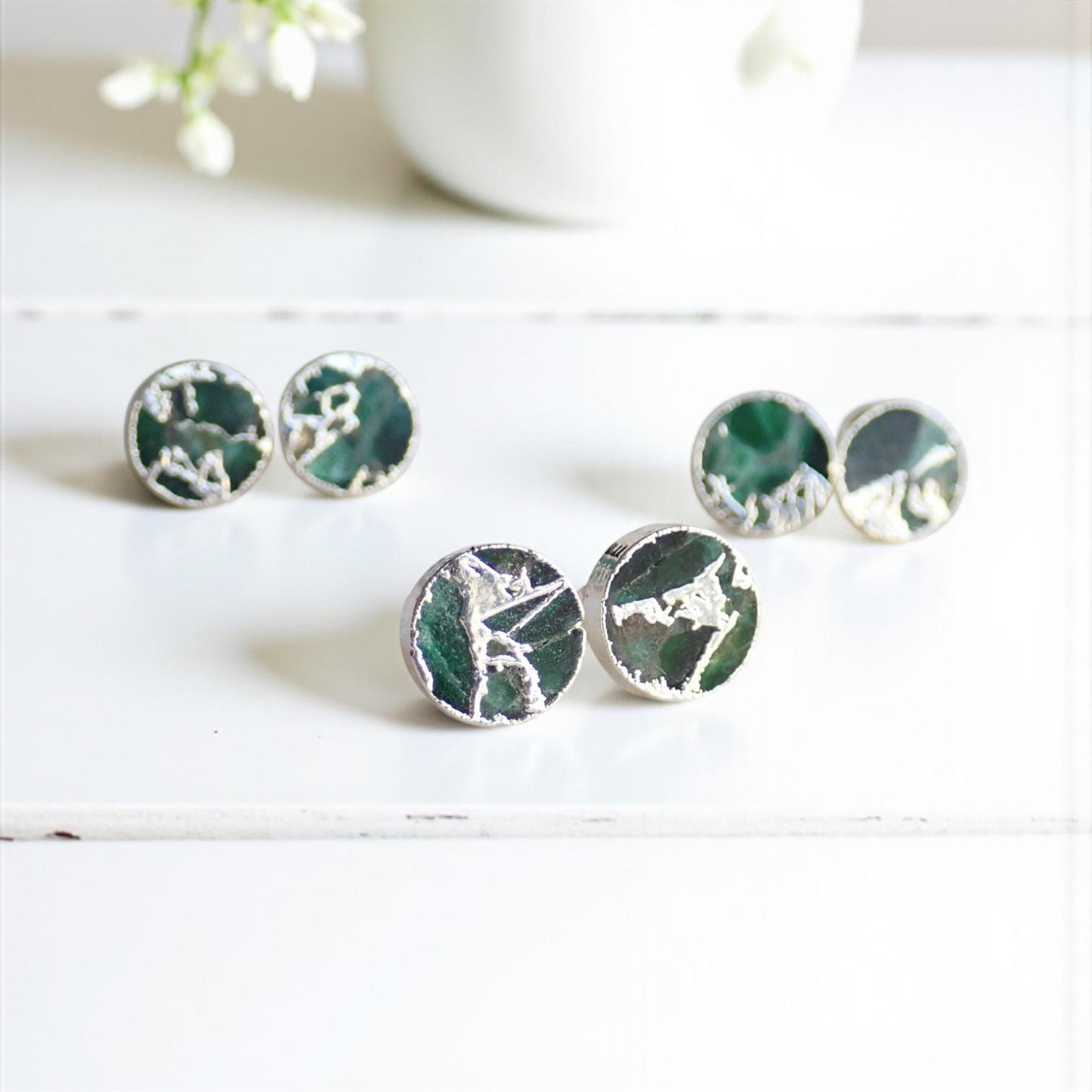 Emerald Green Mojave Gemstone Stud Earrings Silver | Dyed Jade Kintsugi Style Earrings, Round Minimalist Boho Post Earrings