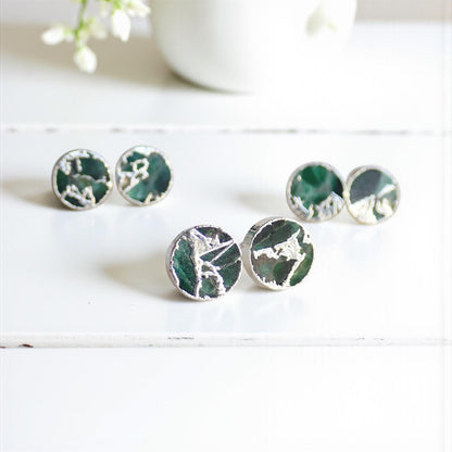 Emerald Green Mojave Gemstone Stud Earrings Silver | Dyed Jade Kintsugi Style Earrings, Round Minimalist Boho Post Earrings