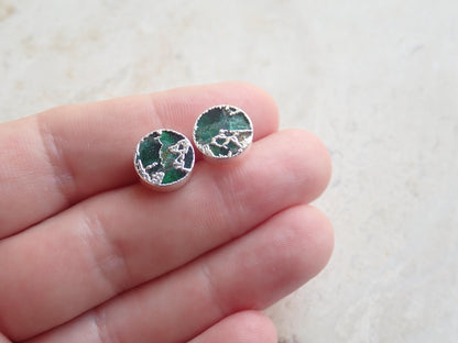 Emerald Green Mojave Gemstone Stud Earrings Silver | Dyed Jade Kintsugi Style Earrings, Round Minimalist Boho Post Earrings