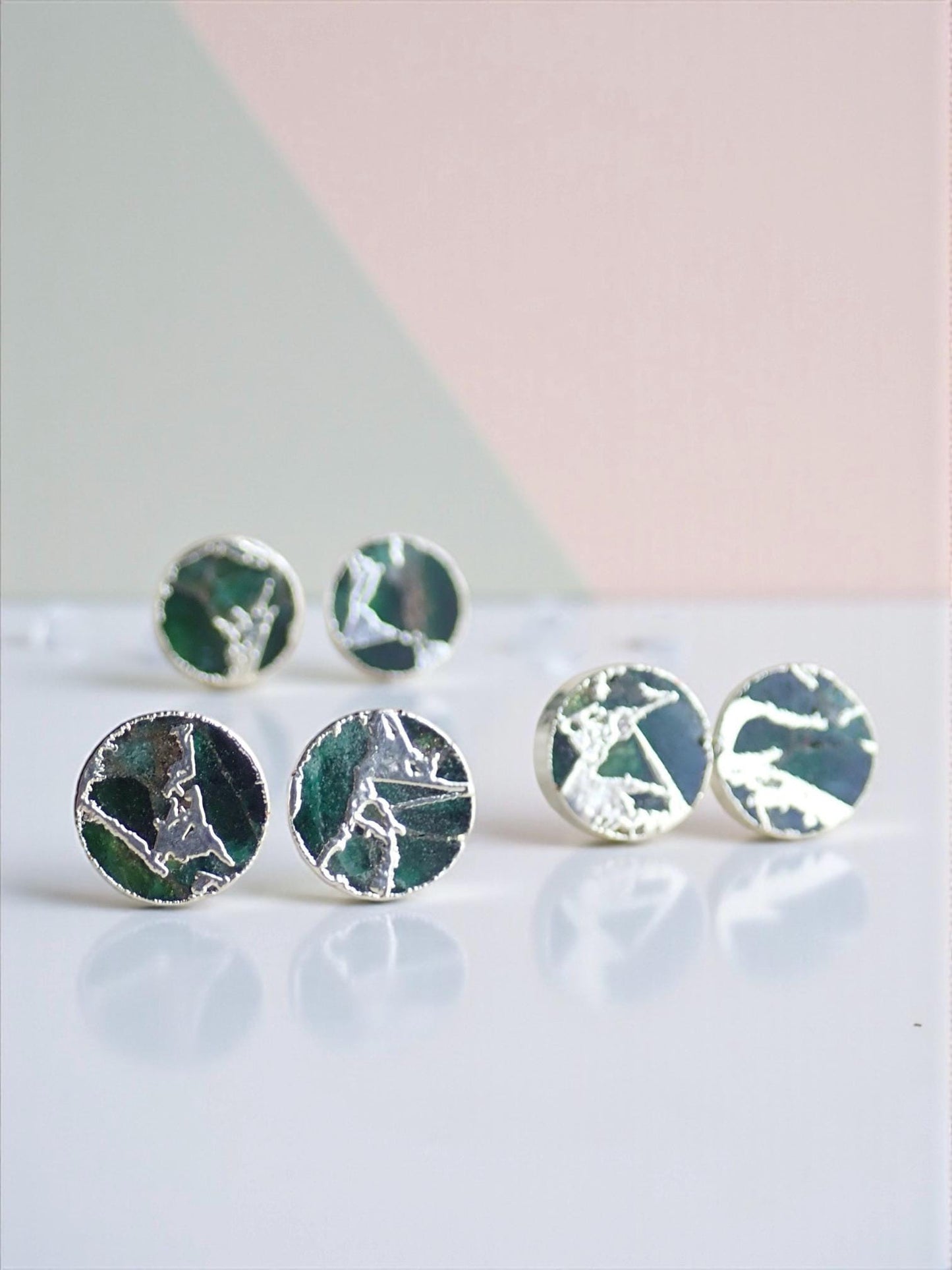 Emerald Green Mojave Gemstone Stud Earrings Silver | Dyed Jade Kintsugi Style Earrings, Round Minimalist Boho Post Earrings