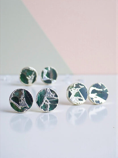 Emerald Green Mojave Gemstone Stud Earrings Silver | Dyed Jade Kintsugi Style Earrings, Round Minimalist Boho Post Earrings