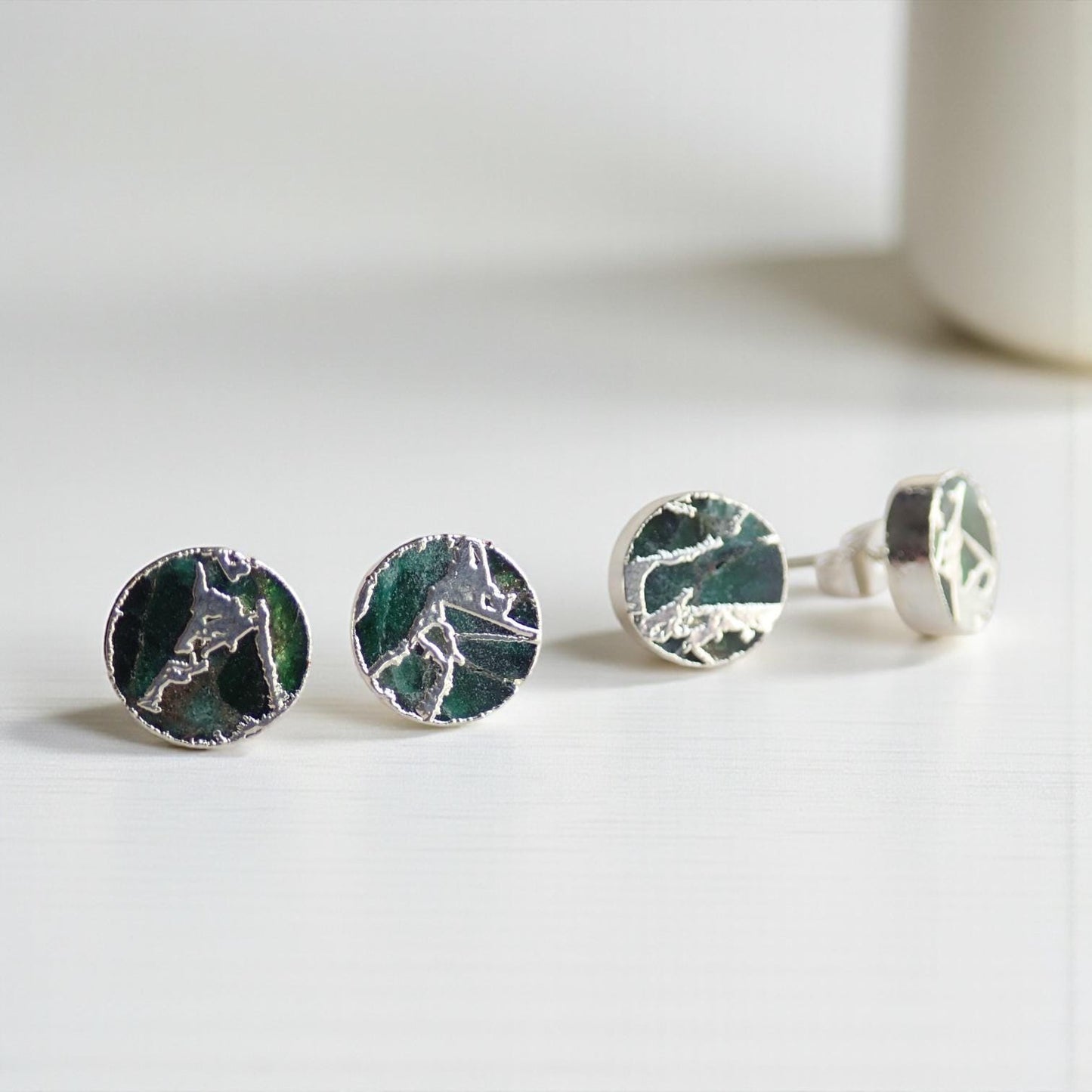 Emerald Green Mojave Gemstone Stud Earrings Silver | Dyed Jade Kintsugi Style Earrings, Round Minimalist Boho Post Earrings
