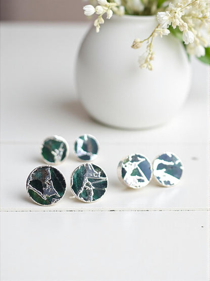 Emerald Green Mojave Gemstone Stud Earrings Silver | Dyed Jade Kintsugi Style Earrings, Round Minimalist Boho Post Earrings