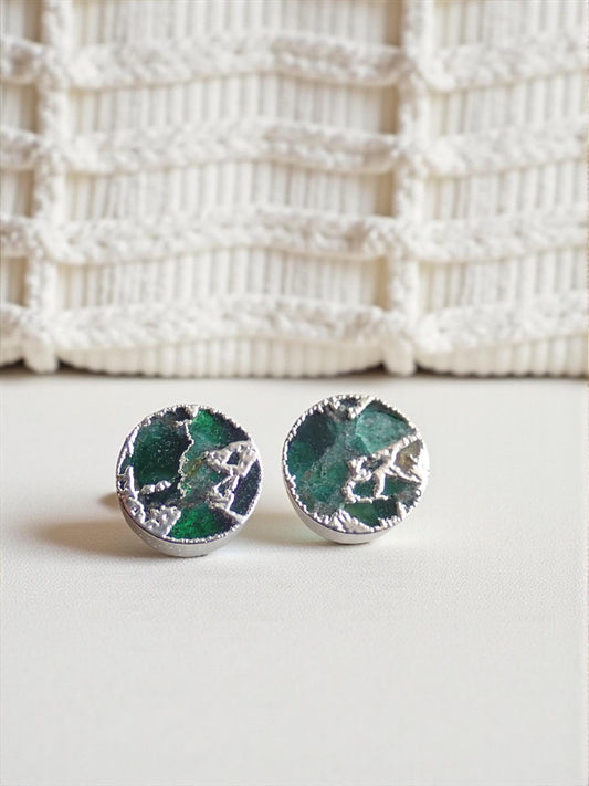 Emerald Green Mojave Gemstone Stud Earrings Silver | Dyed Jade Kintsugi Style Earrings, Round Minimalist Boho Post Earrings