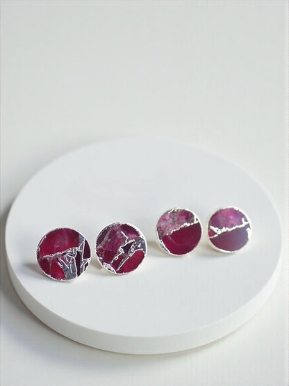 Berry Garnet Mojave Stud Earrings Silver – Round Gemstone Studs with Veining | Boho Minimalist Jewelry, January Birthstone Gift for Her