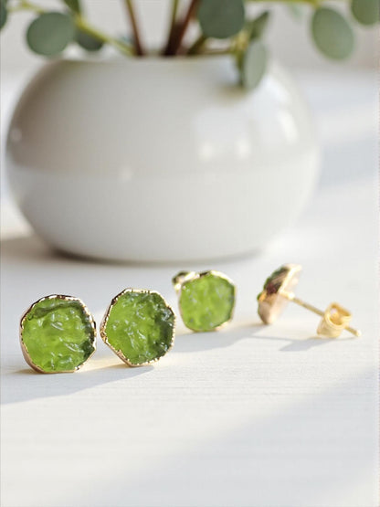 Raw Moldavite Stud Earrings, Man-made Gemstone Post Earrings, Lab-Created Green Crystal Earrings, August Birthstone Jewelry Gift