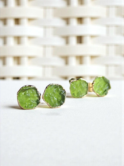 Raw Moldavite Stud Earrings, Man-made Gemstone Post Earrings, Lab-Created Green Crystal Earrings, August Birthstone Jewelry Gift