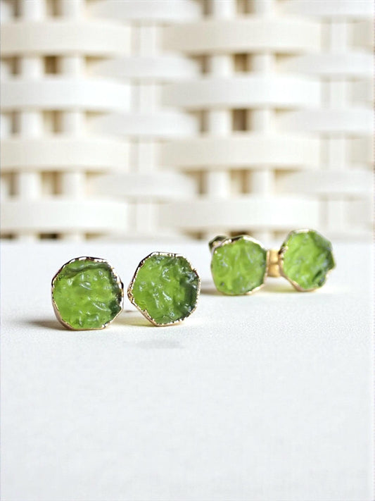 Raw Moldavite Stud Earrings, Man-made Gemstone Post Earrings, Lab-Created Green Crystal Earrings, August Birthstone Jewelry Gift