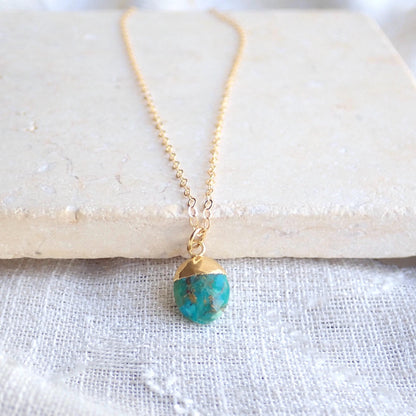 Dainty Turquoise Necklace • Genuine Gemstone Pendant • December Birthstone Gift for Her • 18kt Gold Filled Layering Jewelry