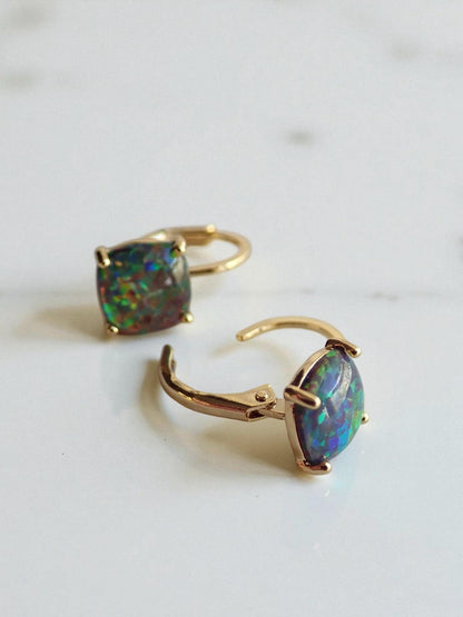 Black Opal Earrings Gold, Dainty Opal Dangle Earrings, October Birthday Gift