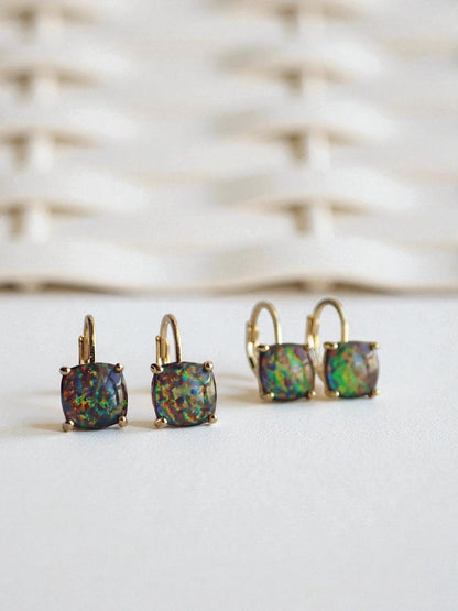 Black Opal Earrings Gold, Dainty Opal Dangle Earrings, October Birthday Gift