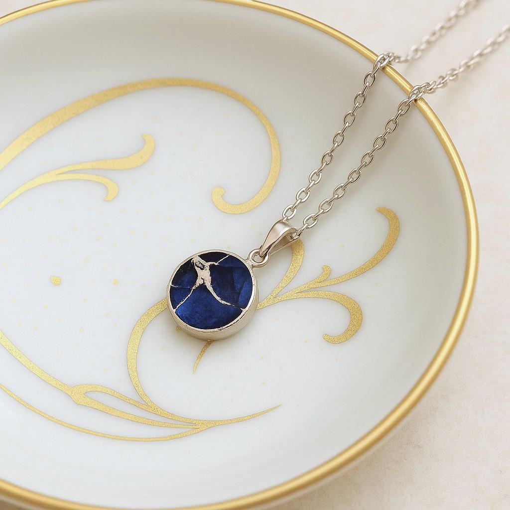 Sapphire Mojave Necklace Silver, Blue Gemstone Coin Necklace, May Birthstone Gift for Her, Kintsugi Inspired