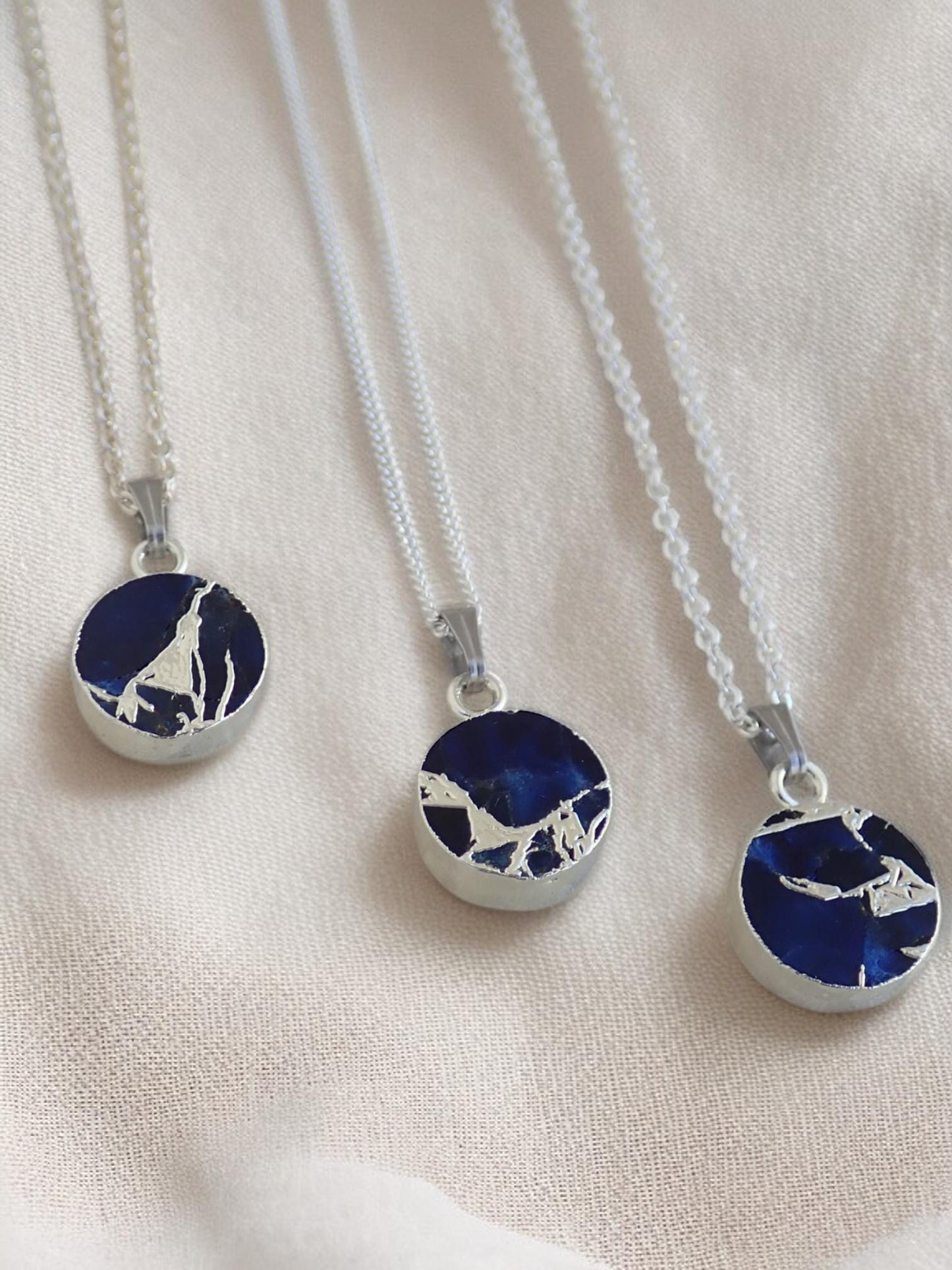Sapphire Mojave Necklace Silver, Blue Gemstone Coin Necklace, May Birthstone Gift for Her, Kintsugi Inspired