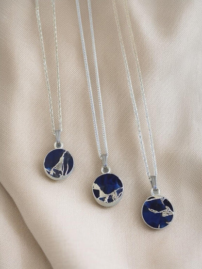Sapphire Mojave Necklace Silver, Blue Gemstone Coin Necklace, May Birthstone Gift for Her, Kintsugi Inspired