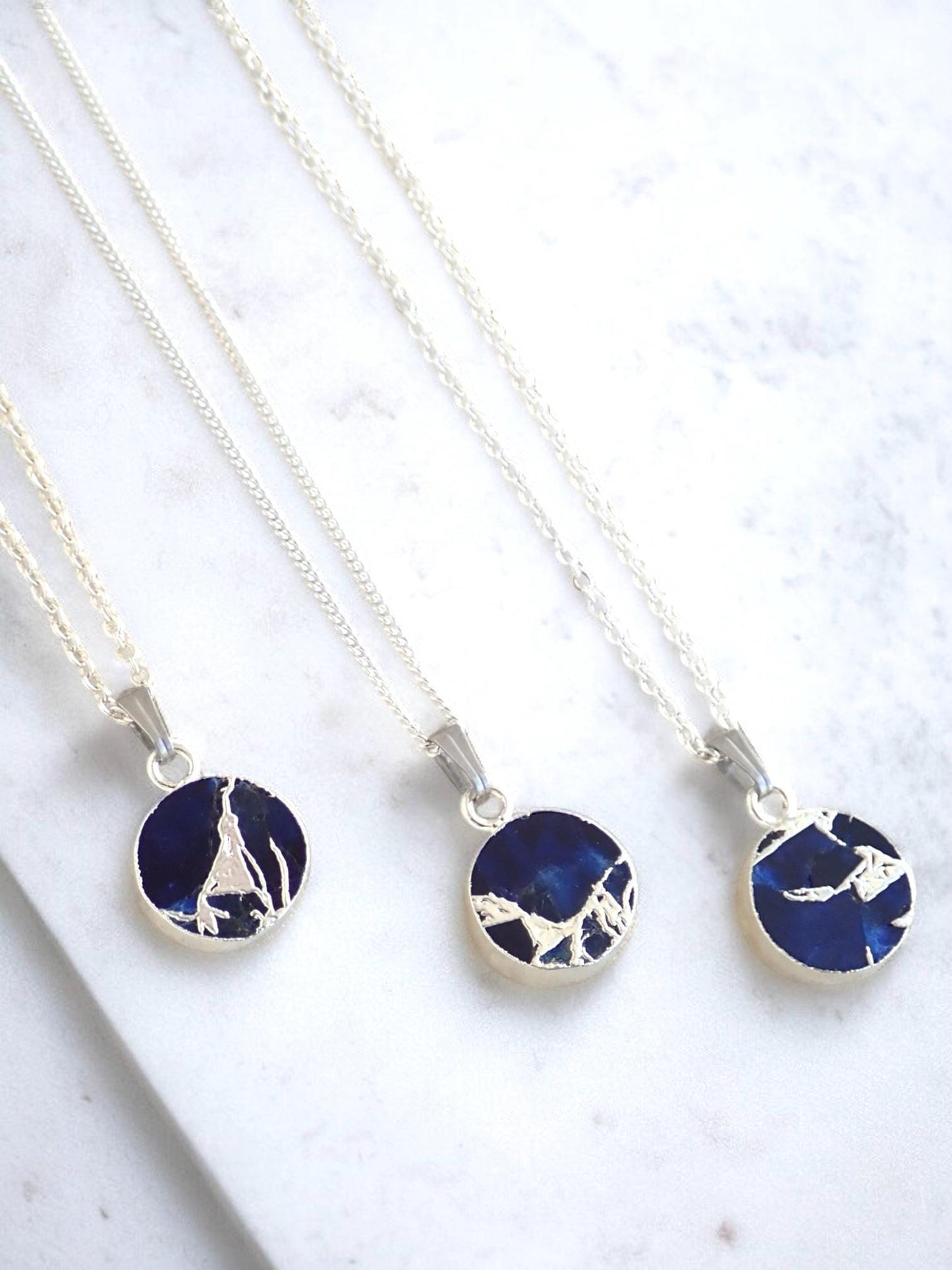 Sapphire Mojave Necklace Silver, Blue Gemstone Coin Necklace, May Birthstone Gift for Her, Kintsugi Inspired