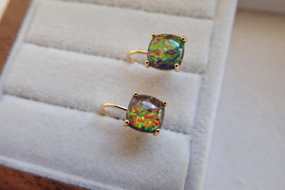 Black Opal Earrings Gold, Dainty Opal Dangle Earrings, October Birthday Gift