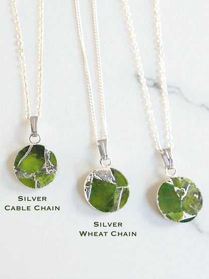 Peridot  Necklace Silver Green Coin Pendant Necklace, Mojave Gemstone Necklace, Kintsugi Crystal Jewelry, August Birthstone Gift for Her
