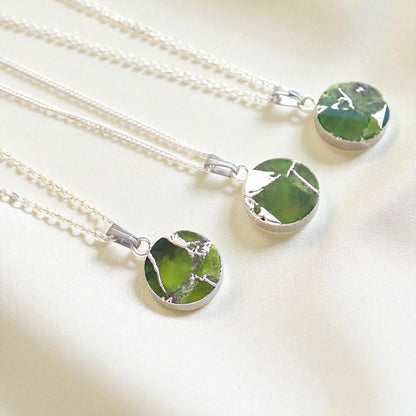 Peridot  Necklace Silver Green Coin Pendant Necklace, Mojave Gemstone Necklace, Kintsugi Crystal Jewelry, August Birthstone Gift for Her