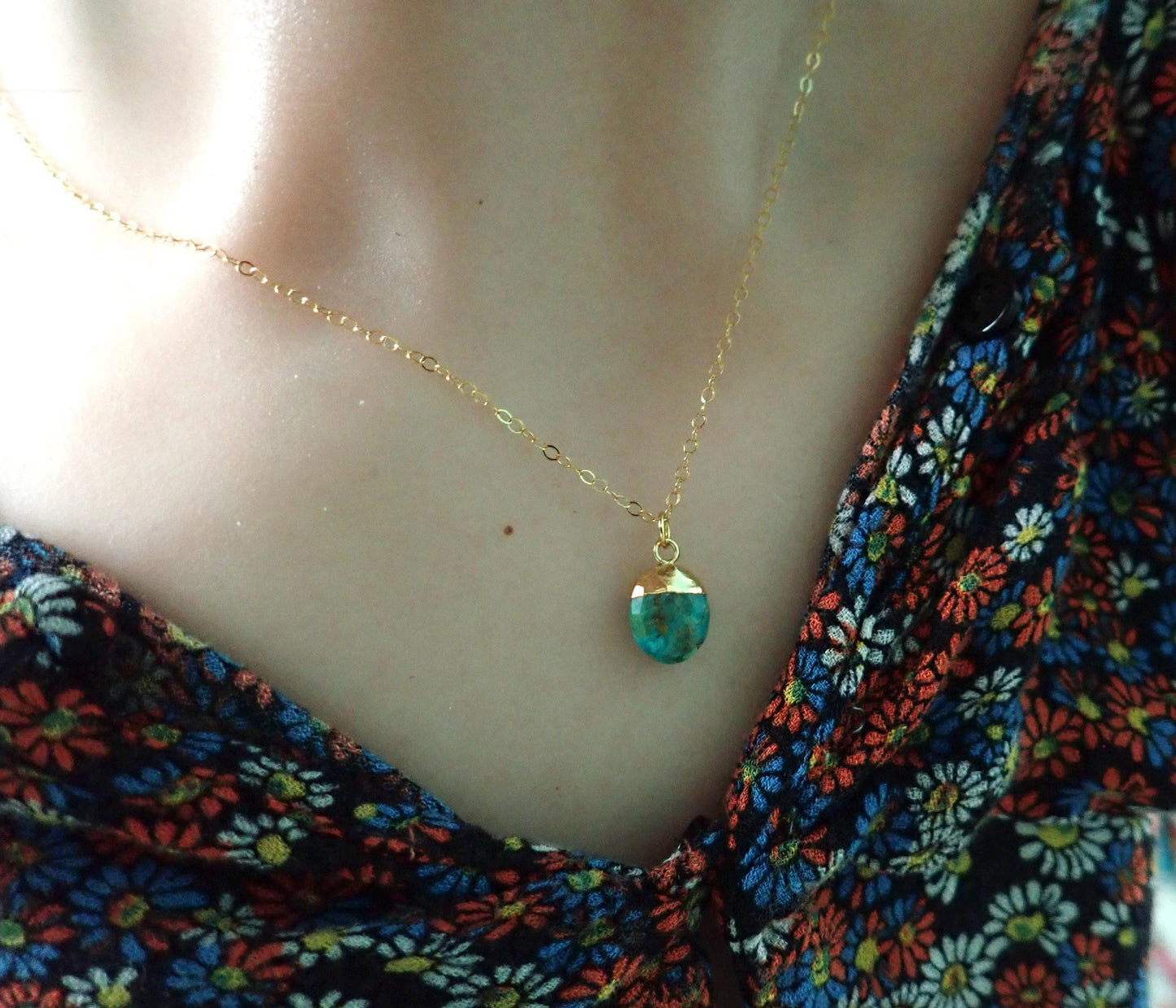 Dainty Turquoise Necklace • Genuine Gemstone Pendant • December Birthstone Gift for Her • 18kt Gold Filled Layering Jewelry