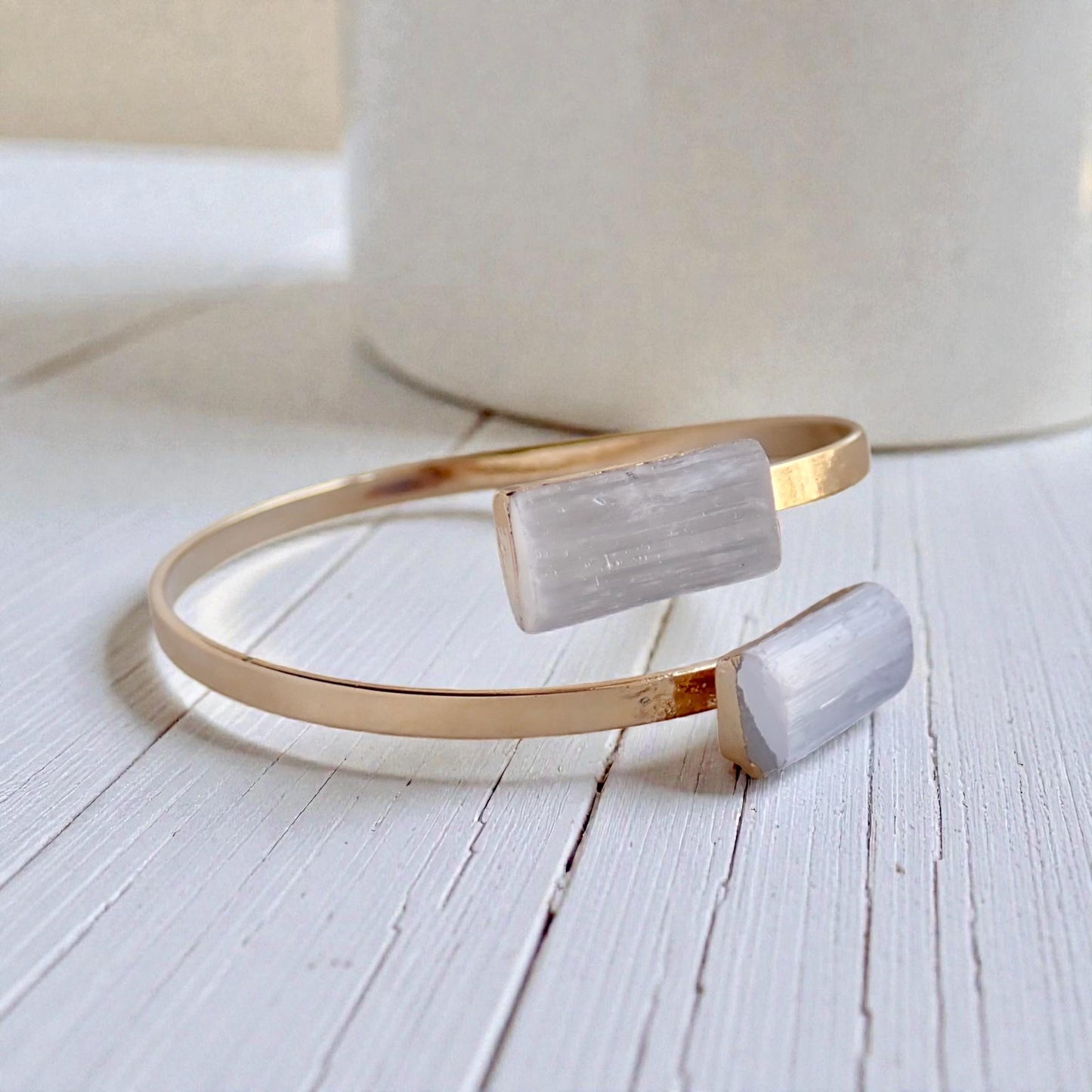 Selenite Cuff Bracelet,  Boho Double Gemstone Bracelet, White Stone Wrap Bracelet