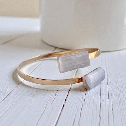 Selenite Cuff Bracelet,  Boho Double Gemstone Bracelet, White Stone Wrap Bracelet