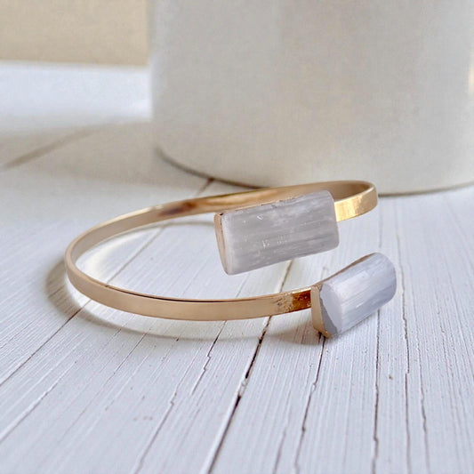 Selenite Cuff Bracelet,  Boho Double Gemstone Bracelet, White Stone Wrap Bracelet