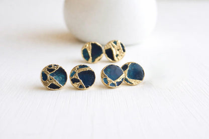 Deep Ocean Blue Mojave Turquoise Stud Earrings Silver  | Kintsugi Style Round Gemstone Studs