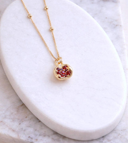 18K Gold Fill Garnet CZ Pomegranate Necklace – Symbol of Love and Good Luck Charm, Dainty Gemstone Pendant, January Birthstone Jewelry