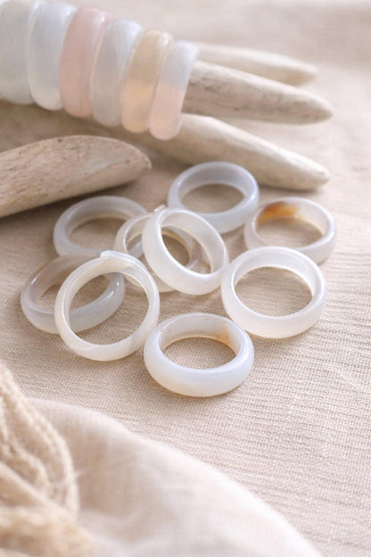 White Clear Solid Agate Stone Band Ring, Solid Gemstone Ring, Carved Stone Ring, Medium Stone Band Ring, Stacking Crystal Ring