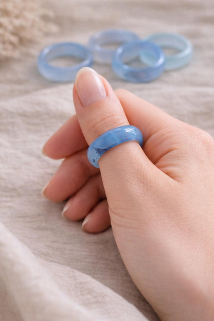 Light Blue Solid Stone Band Ring, Blue Agate Gemstone Ring, Medium Band Stacking Ring, Carved Stone Thumb Ring