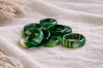 Solid Green Banded Agate Ring, Green Gemstone Carved  Stone Band, Solid Green Gemstone Ring, Medium Thick Thumb Ring