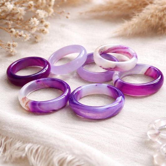 Purple Lavender Solid Stone Ring Band,  Carved Agate Thumb Ring, Medium Thick  Gemstone Ring, Stacking Crystal Ring