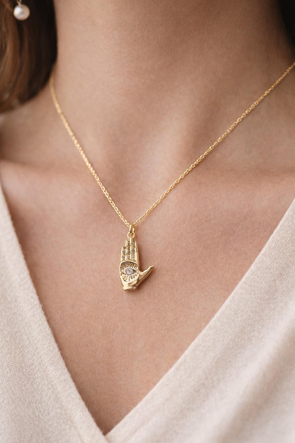 Hamsa Hand Necklace with Crystal, Gold Hand Pendant Necklace, Palm with Eye Necklace