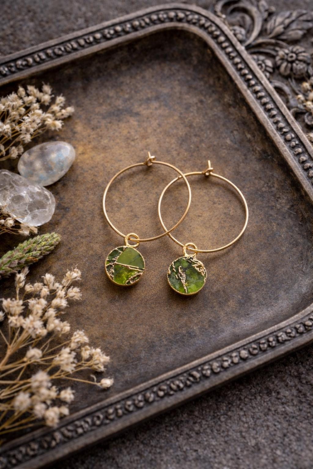 Peridot Mojave Hoop Earrings | Gold Filled Hoops with Kinstugi Style Gemstone Charms, August Birthstone Gift for Her