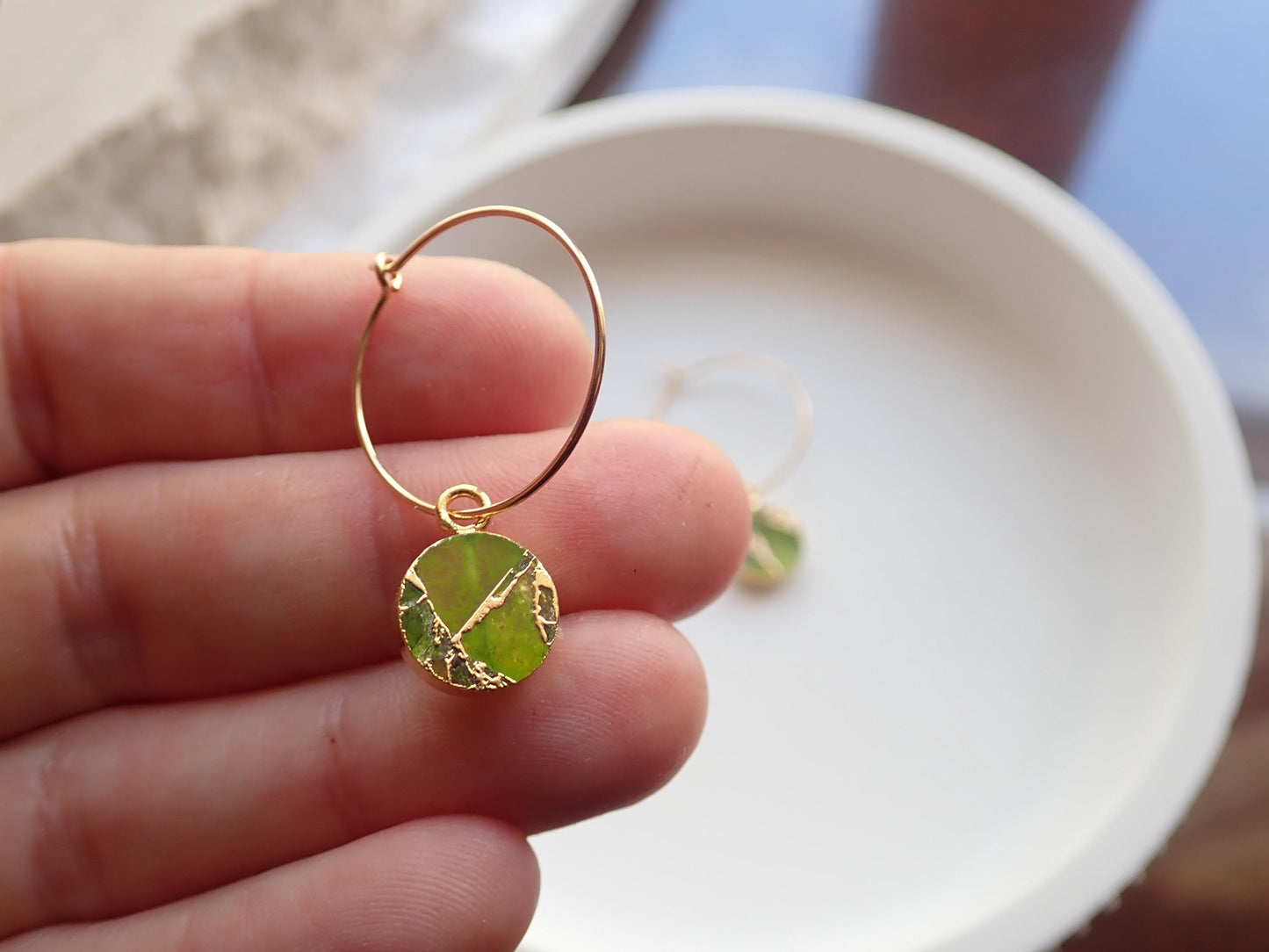 Peridot Mojave Hoop Earrings | Gold Filled Hoops with Kinstugi Style Gemstone Charms, August Birthstone Gift for Her
