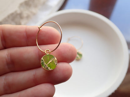 Peridot Mojave Hoop Earrings | Gold Filled Hoops with Kinstugi Style Gemstone Charms, August Birthstone Gift for Her