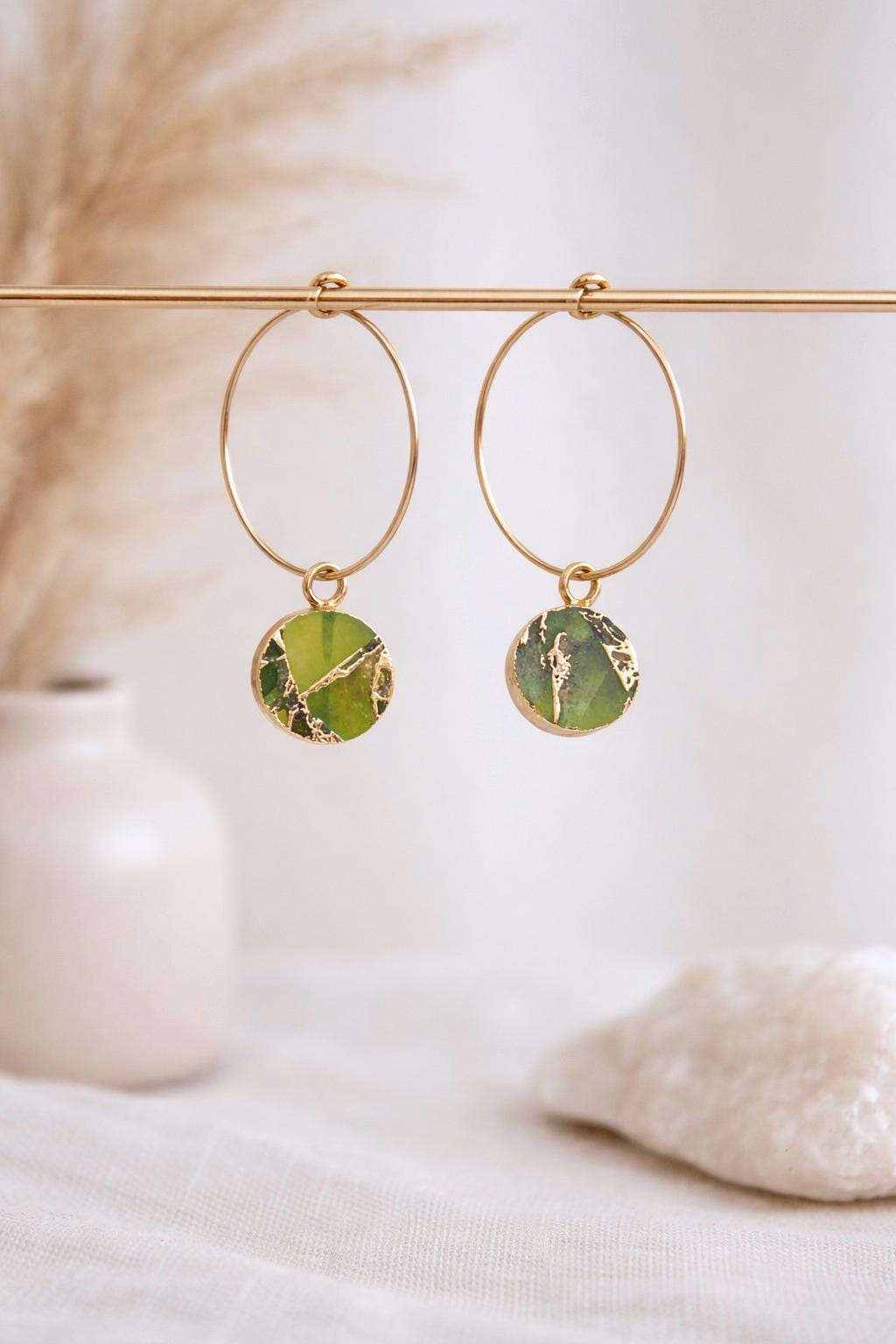 Peridot Mojave Hoop Earrings | Gold Filled Hoops with Kinstugi Style Gemstone Charms, August Birthstone Gift for Her
