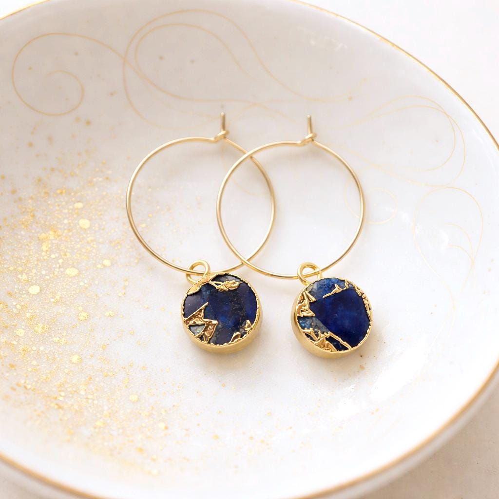 Blue Sapphire Mojave Hoop Earrings |  Gold Filled Hoops with Gemstone Charm, Kintsugi Earrings, September Birthstone