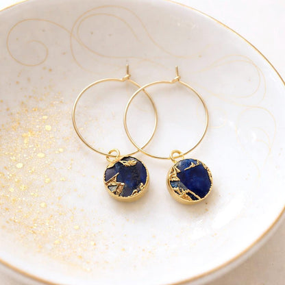 Blue Sapphire Mojave Hoop Earrings |  Gold Filled Hoops with Gemstone Charm, Kintsugi Earrings, September Birthstone