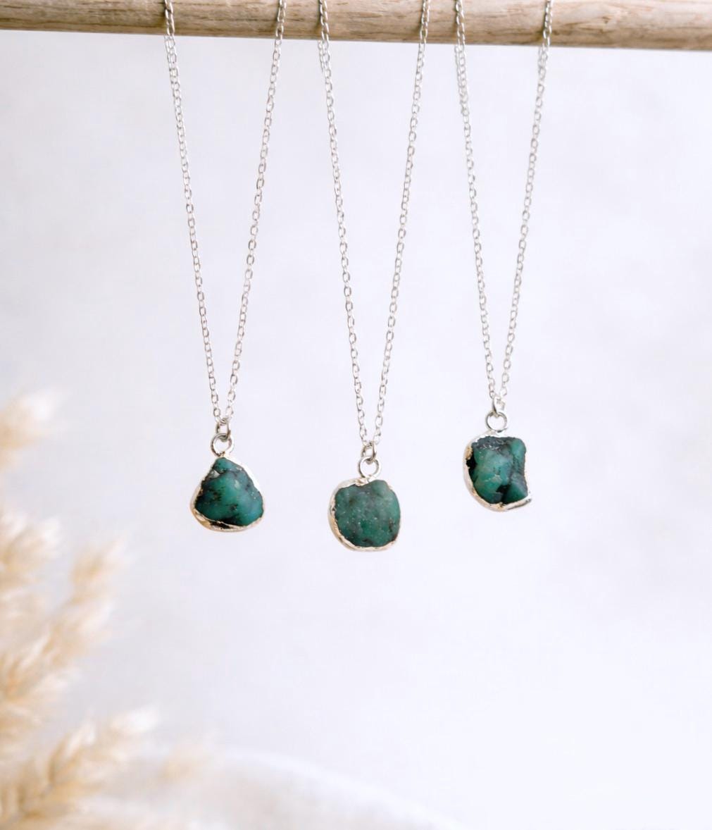 Raw Emerald Pendant Necklace Silver, Natural May Birthstone Jewelry, Dainty Green Gemstone Charm, Emerald Jewelry, Gift for her