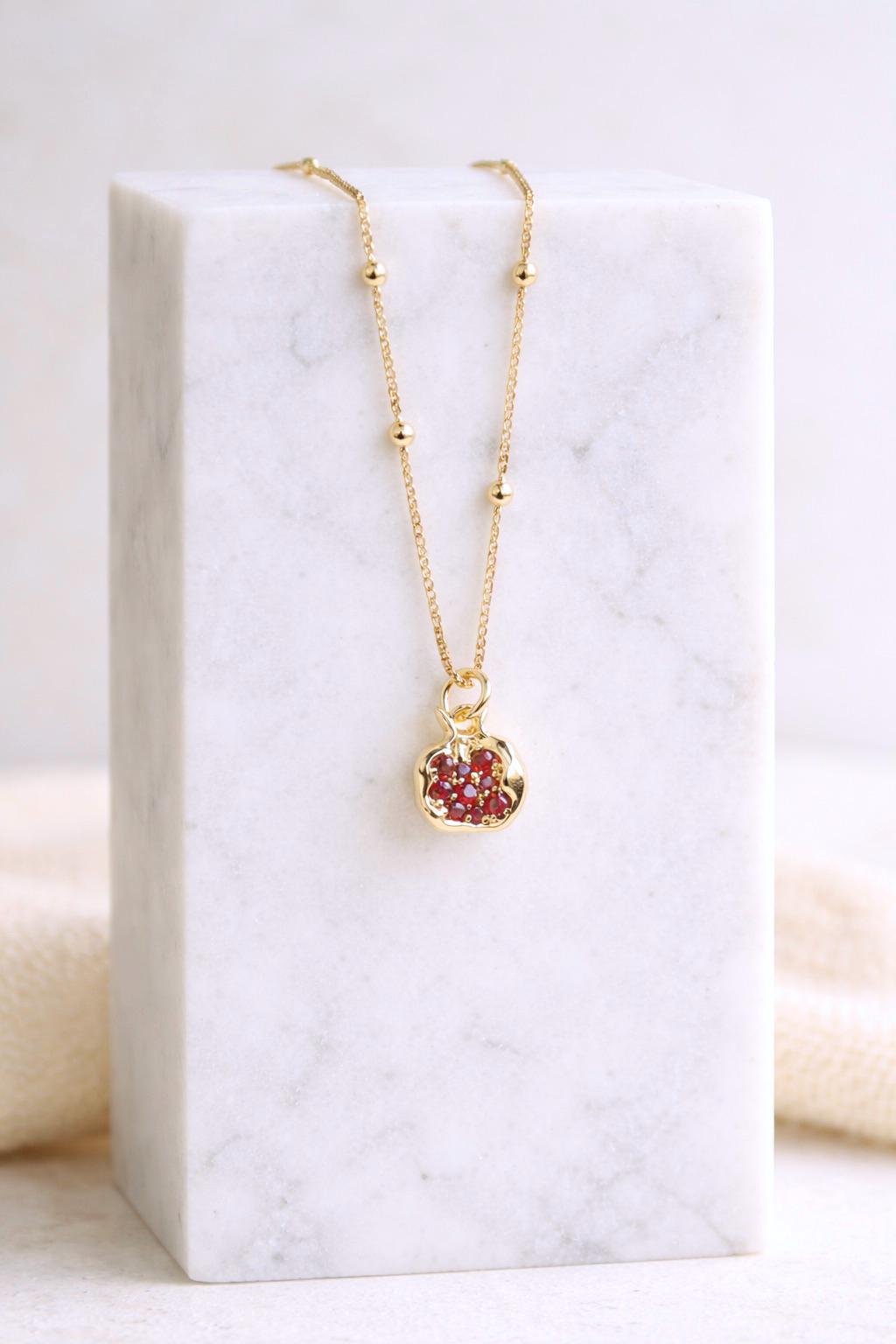 18K Gold Fill Garnet CZ Pomegranate Necklace – Symbol of Love and Good Luck Charm, Dainty Gemstone Pendant, January Birthstone Jewelry